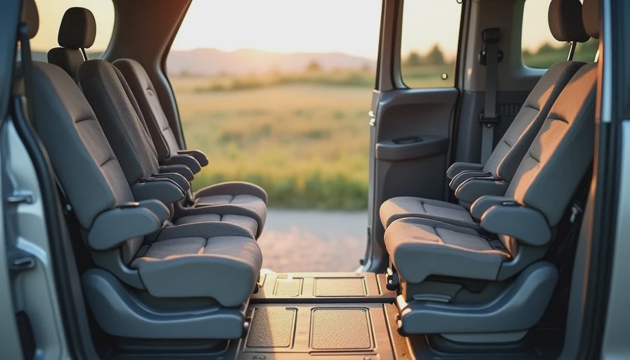 Minivan interior showing easy car seat access, sliding door and flat cargo floor for family use