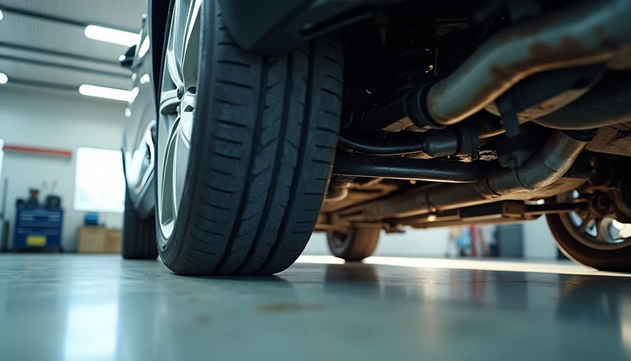 Detailed undercarriage view of a used car on a lift during professional pre-purchase inspection, showing suspension and mechanical components