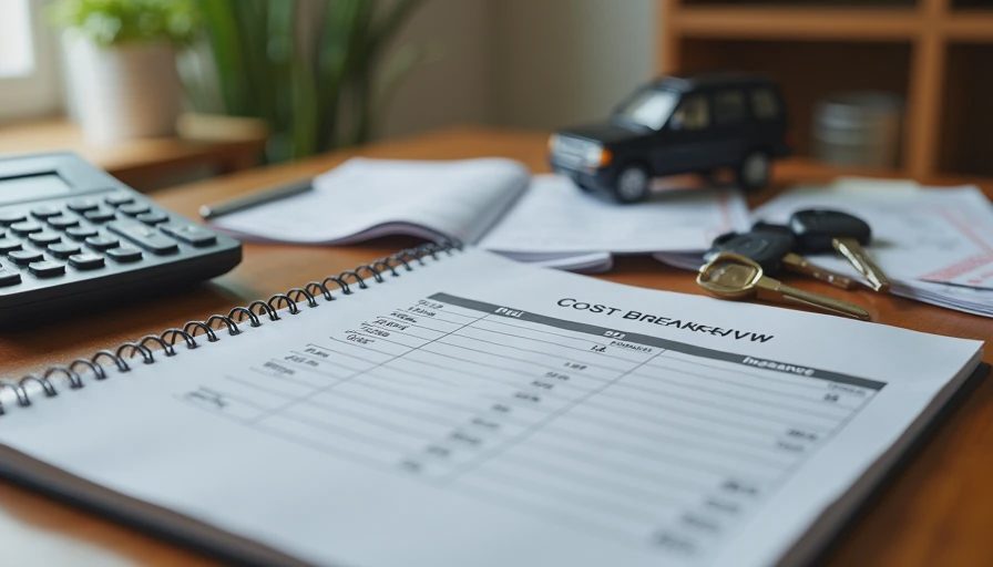 Handwritten cost-per-mile calculations in notebook with receipts and car keys on table, showing real used SUV ownership math