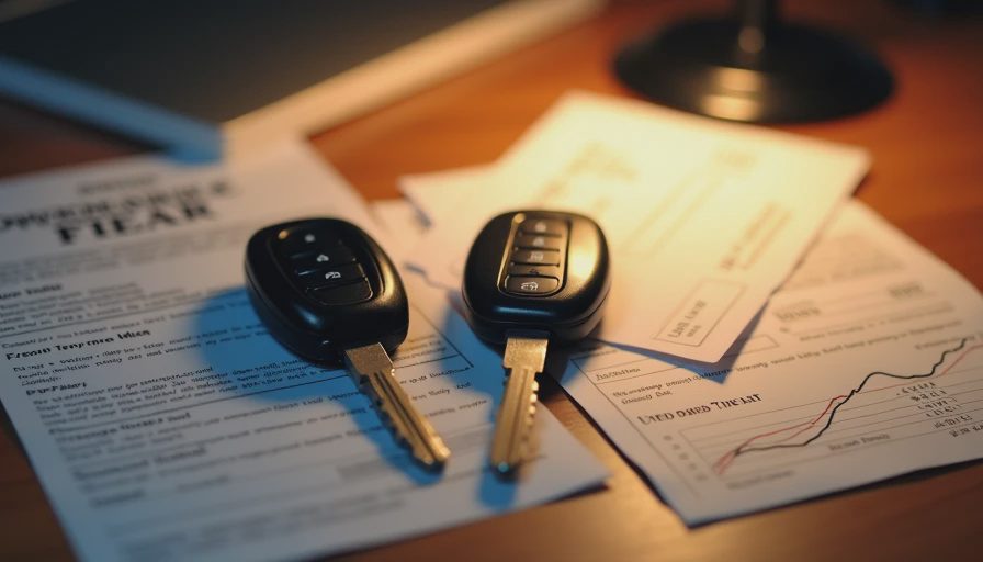 New car keys and paperwork compared to used car documents and depreciation notes on desk