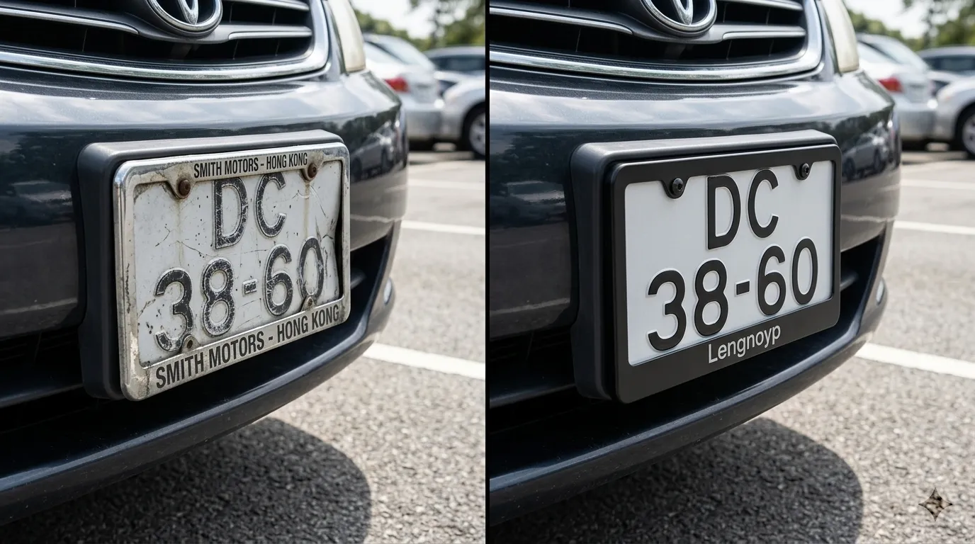 Before and after license plate frame upgrade with Lengnoyp